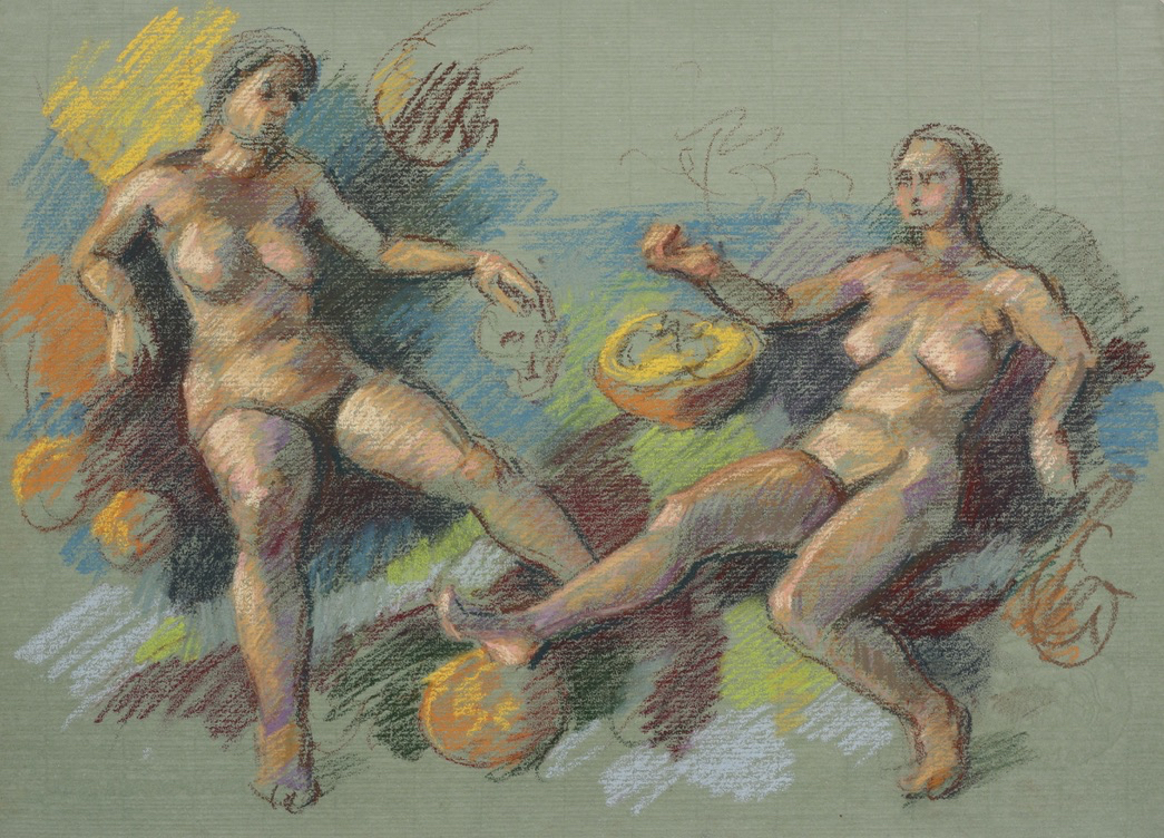 Maenads; pastel on paper, 48 x 66 cm, 2024